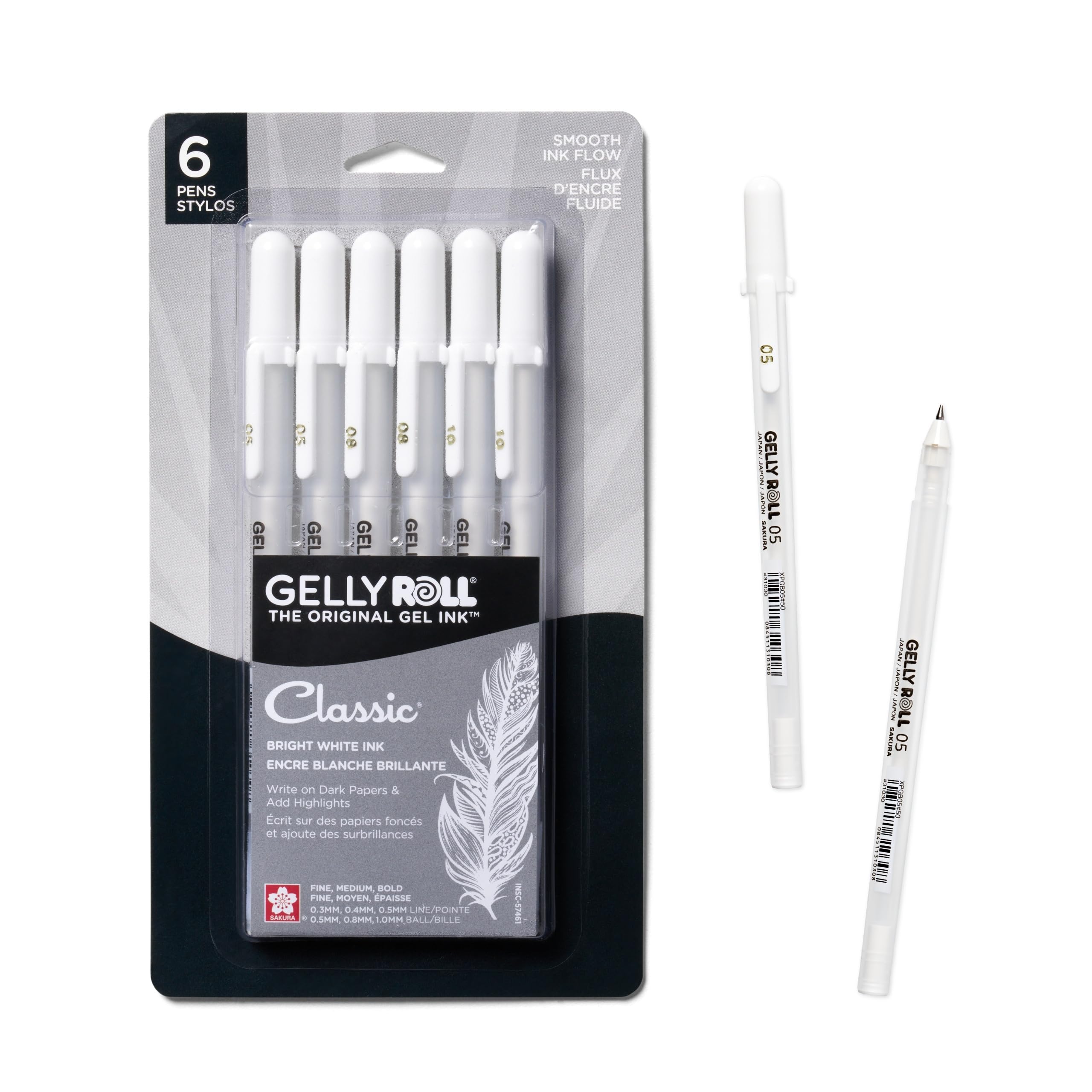 SAKURA Gelly Roll White Gel Pens Assorted Tips 6-Pack