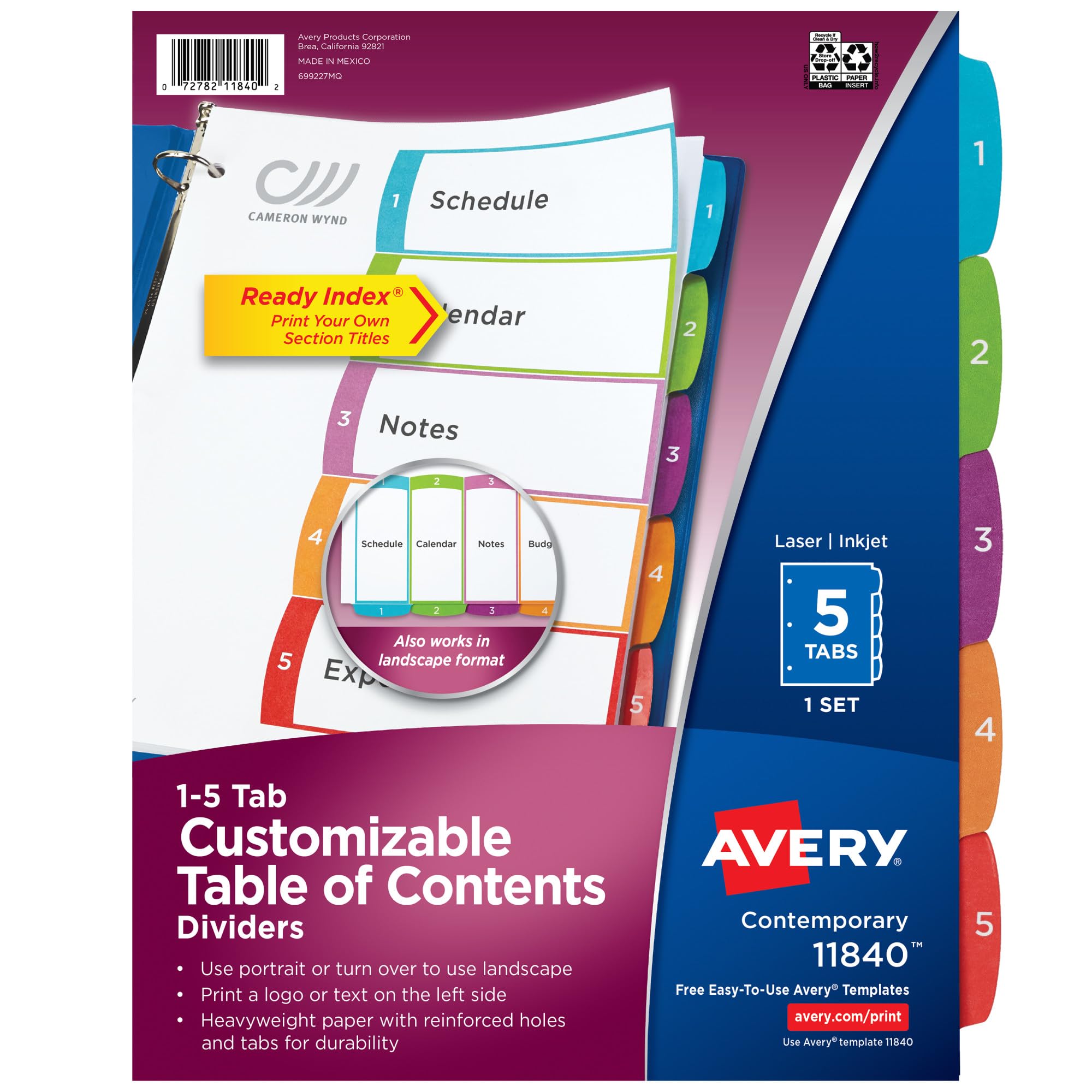 Avery Dividers for 3 Ring Binders, 5 Tabs per Set, Customizable Table of Contents, Multicolor Arched Tabs, Great for Organizing Reports, Projects, and More (11840)