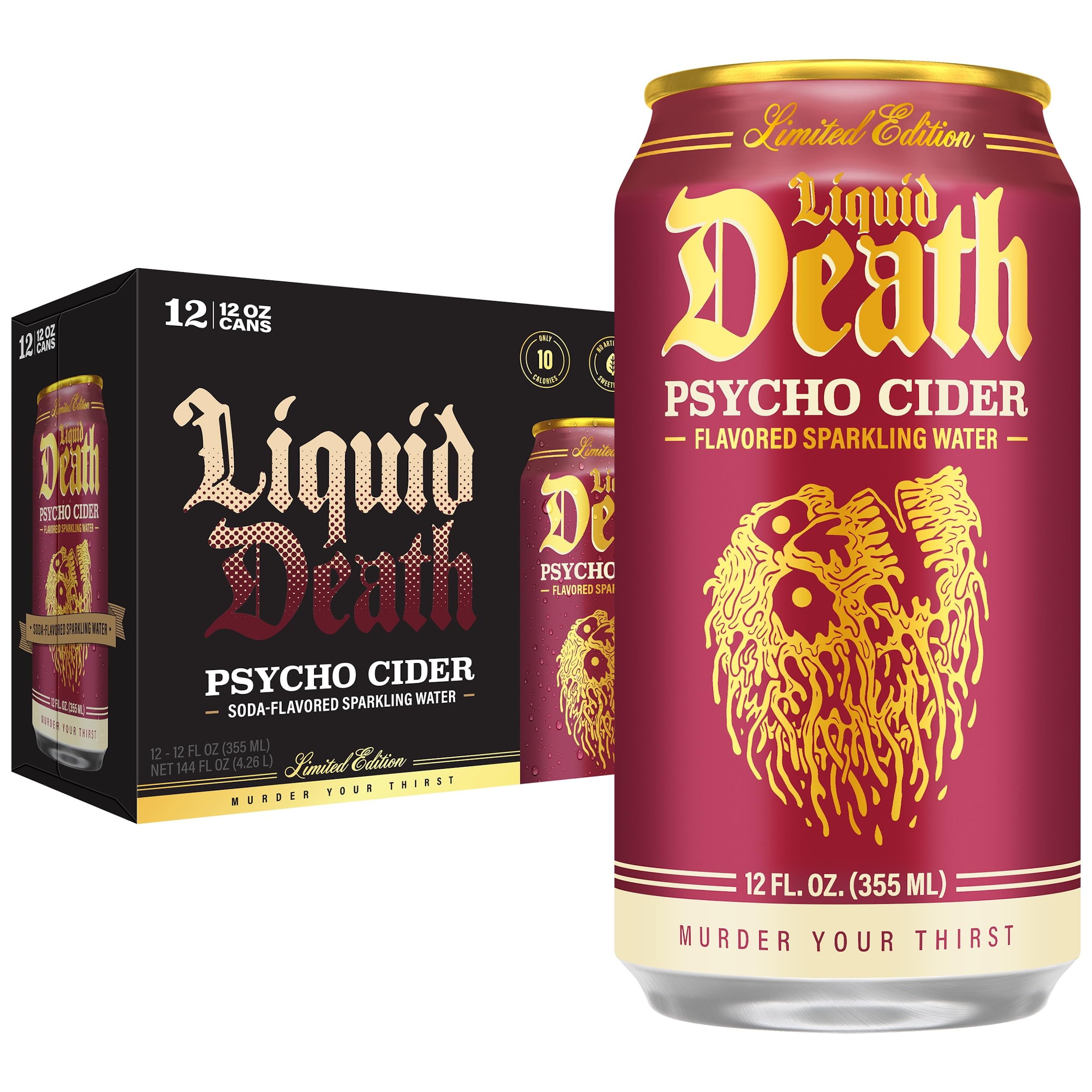 Liquid Death Soda-Flavored Sparkling Water - Psycho Cider (Apple Cinnamon), Less Sugar*, Huge Flavor, No Caffeine, No Artificial Sweeteners, 12 Fl Oz