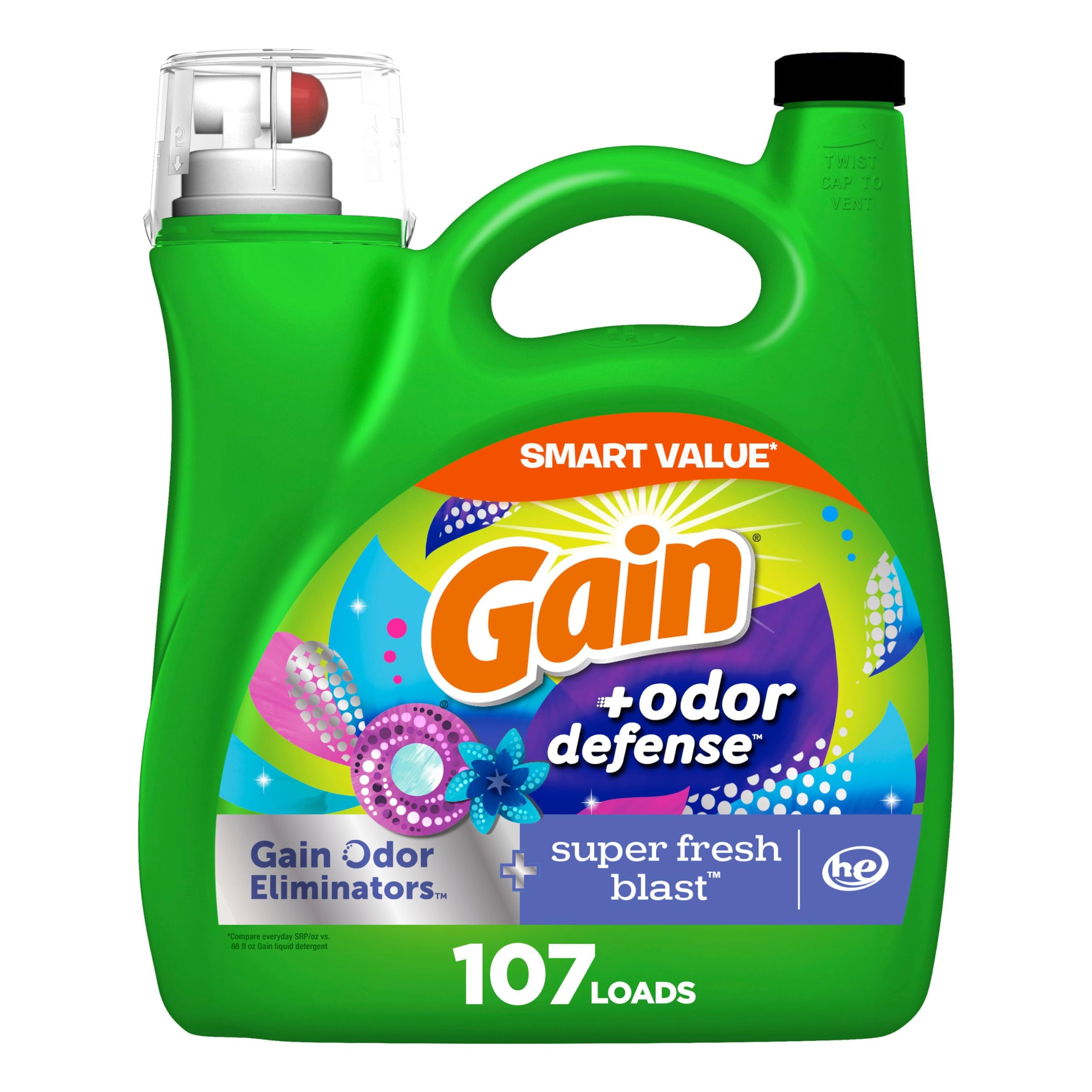 Gain + Odor Defense Liquid Laundry Detergent, Super Fresh Blast Scent, 107 Loads, HE Compatible Washing Soap
