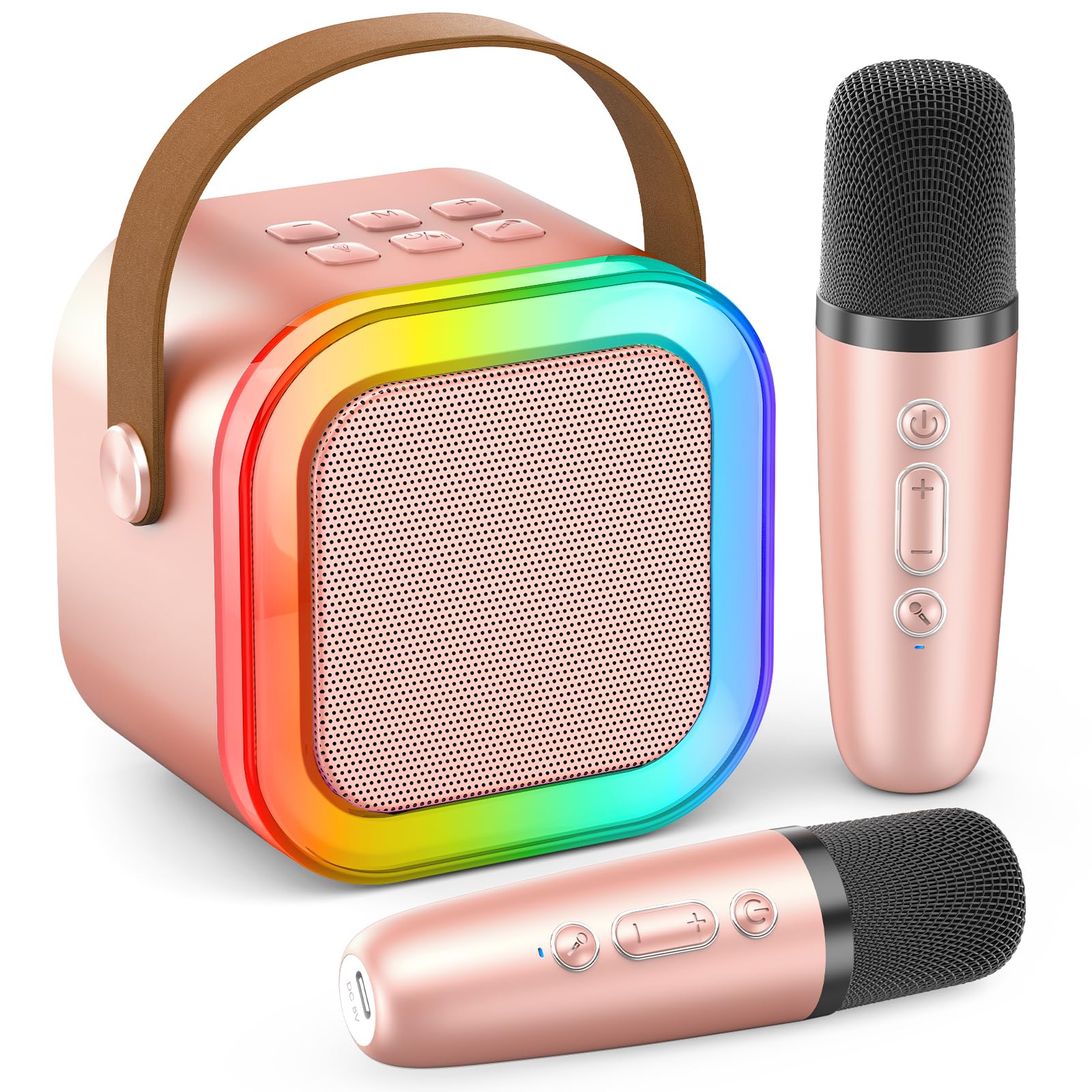 Mini Karaoke Machine with 2 Wireless Mics, Bluetooth Speaker, Rose