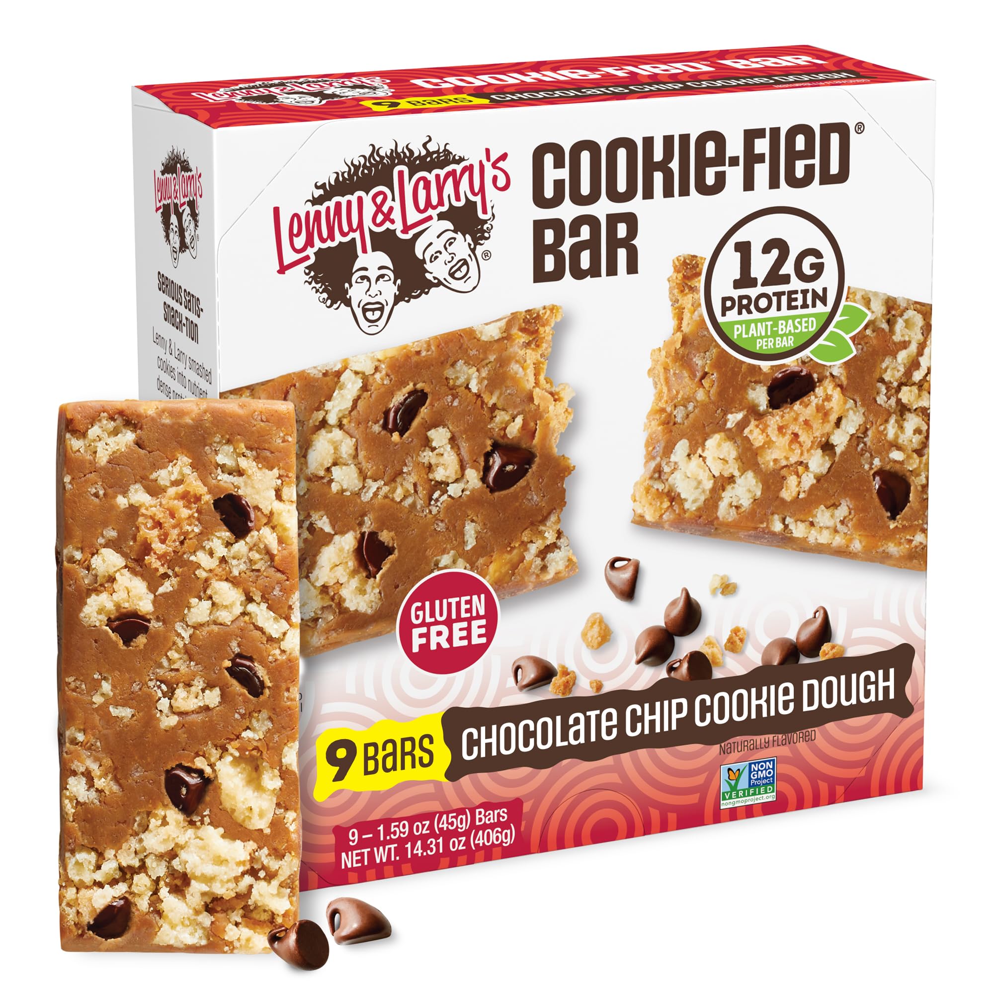 Lenny & Larry's Cookie-fied Bar Ã¢Â€Â“ Chocolate Chip Cookie Dough Vegan Protein Bars 9x45g Ã¢Â€Â“ Healthy Snacks with 12g Plant Protein & 5g Fiber Ã¢Â€Â“ Gluten-Free Power Bar, Non-GMO & Vegan