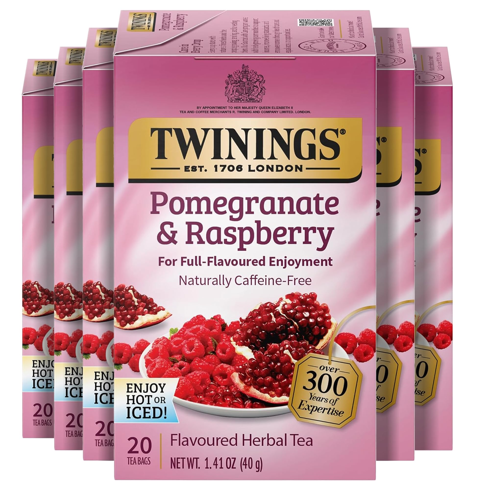 Twinings Pomegranate & Raspberry Herbal Tea Individually Wrapped Bags, 20 Count (Pack of 6), Naturally Caffeine-Free, Enjoy Hot or Iced, 120 Teabags