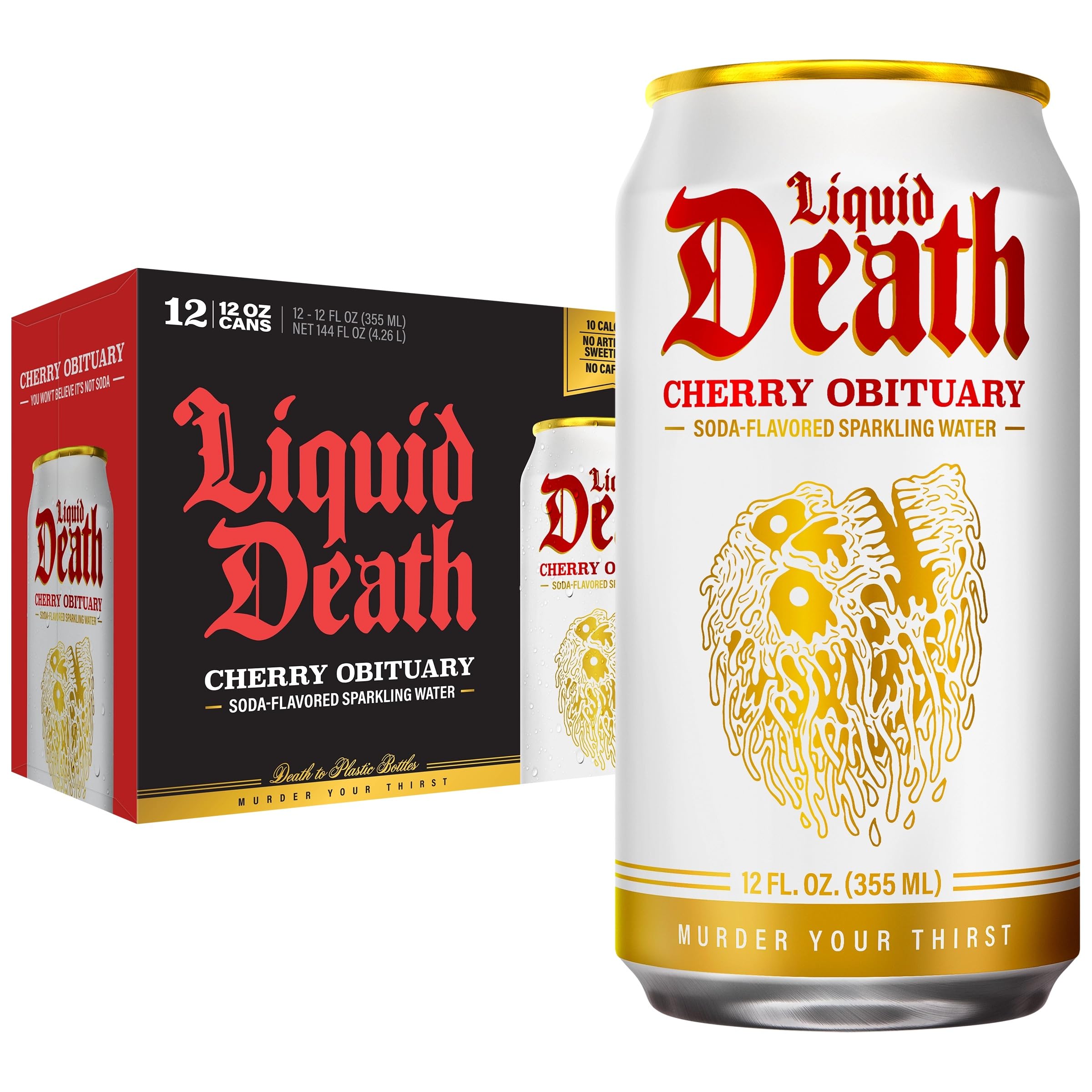 Liquid Death Soda-Flavored Sparkling Water - Cherry Obituary, Less Sugar*, Huge Flavor, No Caffeine, No Artificial Sweeteners, 12 Fl Oz (Pack of 12)