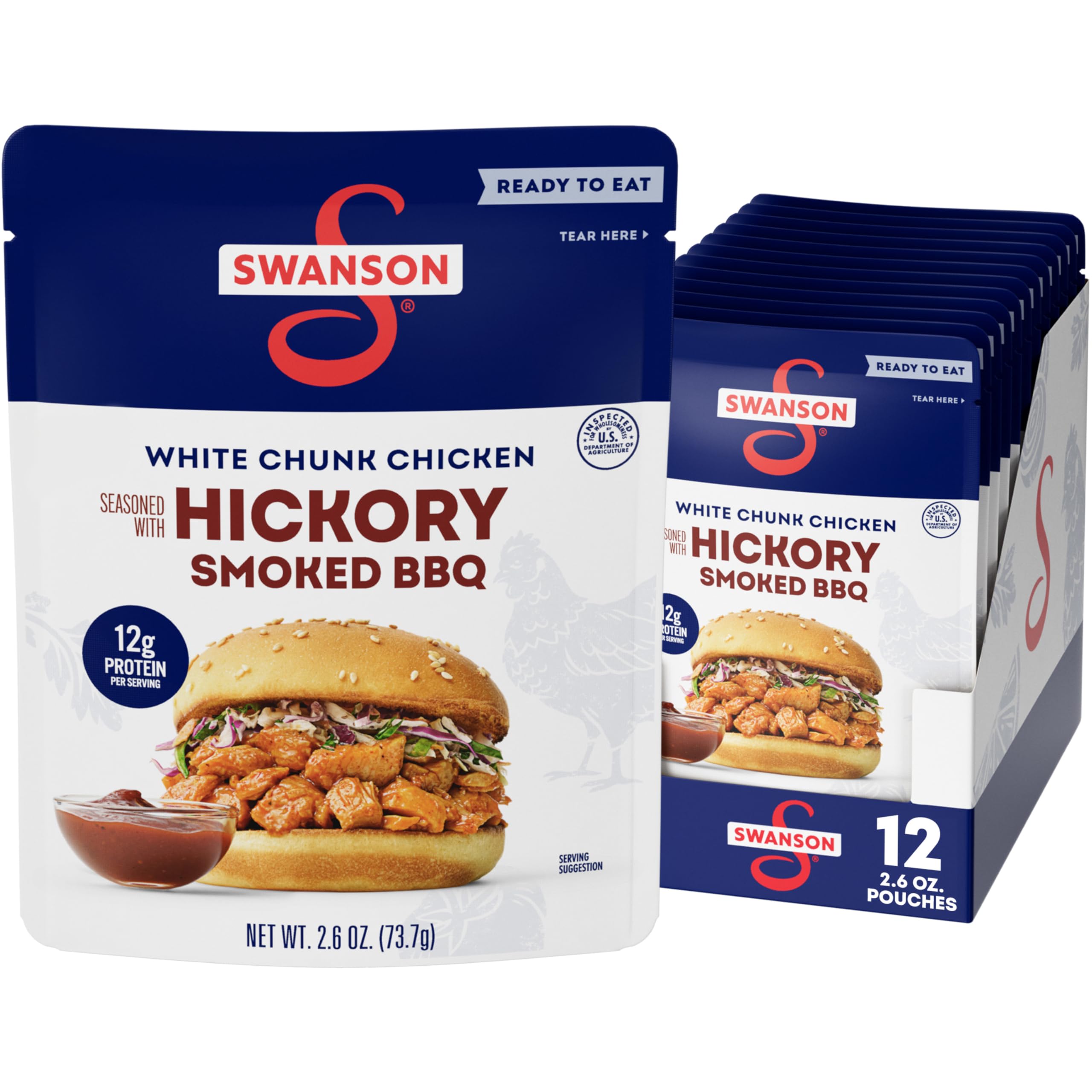 Swanson Hickory Smoked BBQ White Chunk Fully Cooked Chicken, 2.6 oz Pouch (12 Pack)