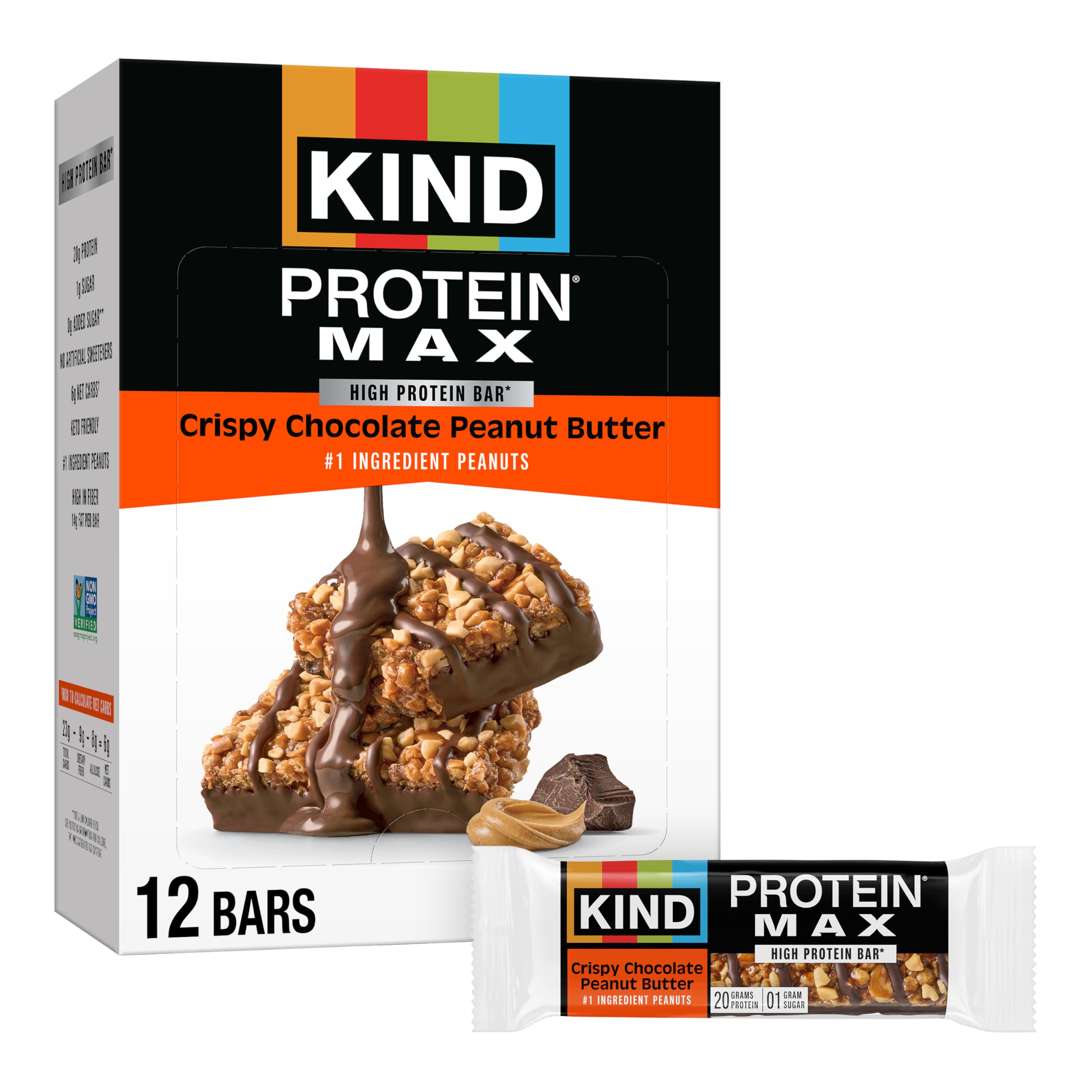 KIND Protein MAX Crispy Chocolate Peanut Butter Snack Bars, 20g of Protein, Keto Friendly, 1g of Sugar Per Bar, Gluten Free, 12 Count Box