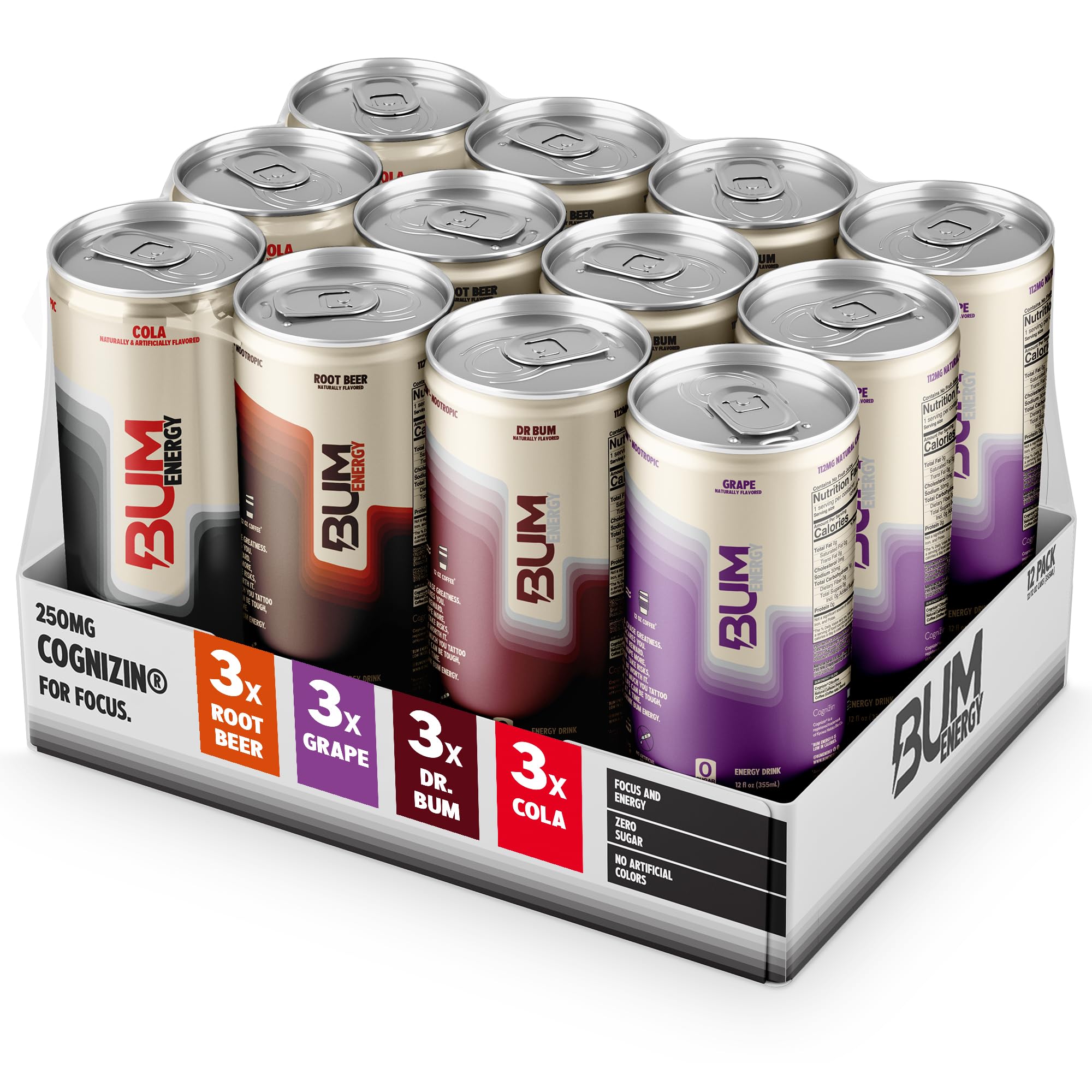 BUM Zero Sugar Energy Variety 12oz Cans 12-Pack