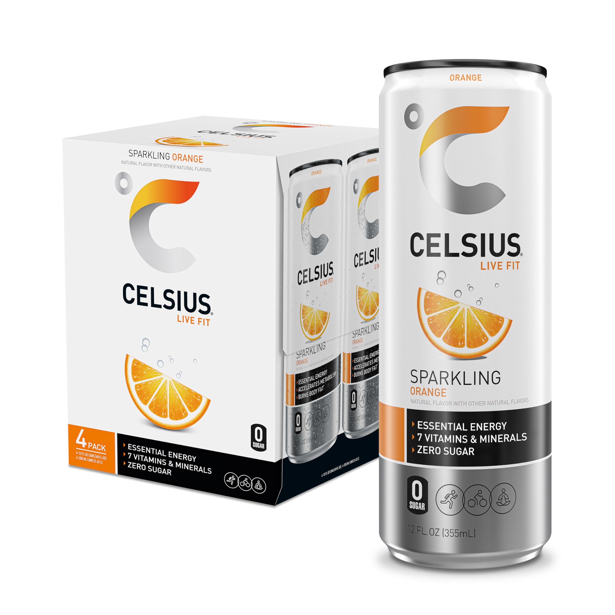 CELSIUS Sparkling Orange, Sugar Free Energy Drink, 12 Fl Oz (Pack of 4)