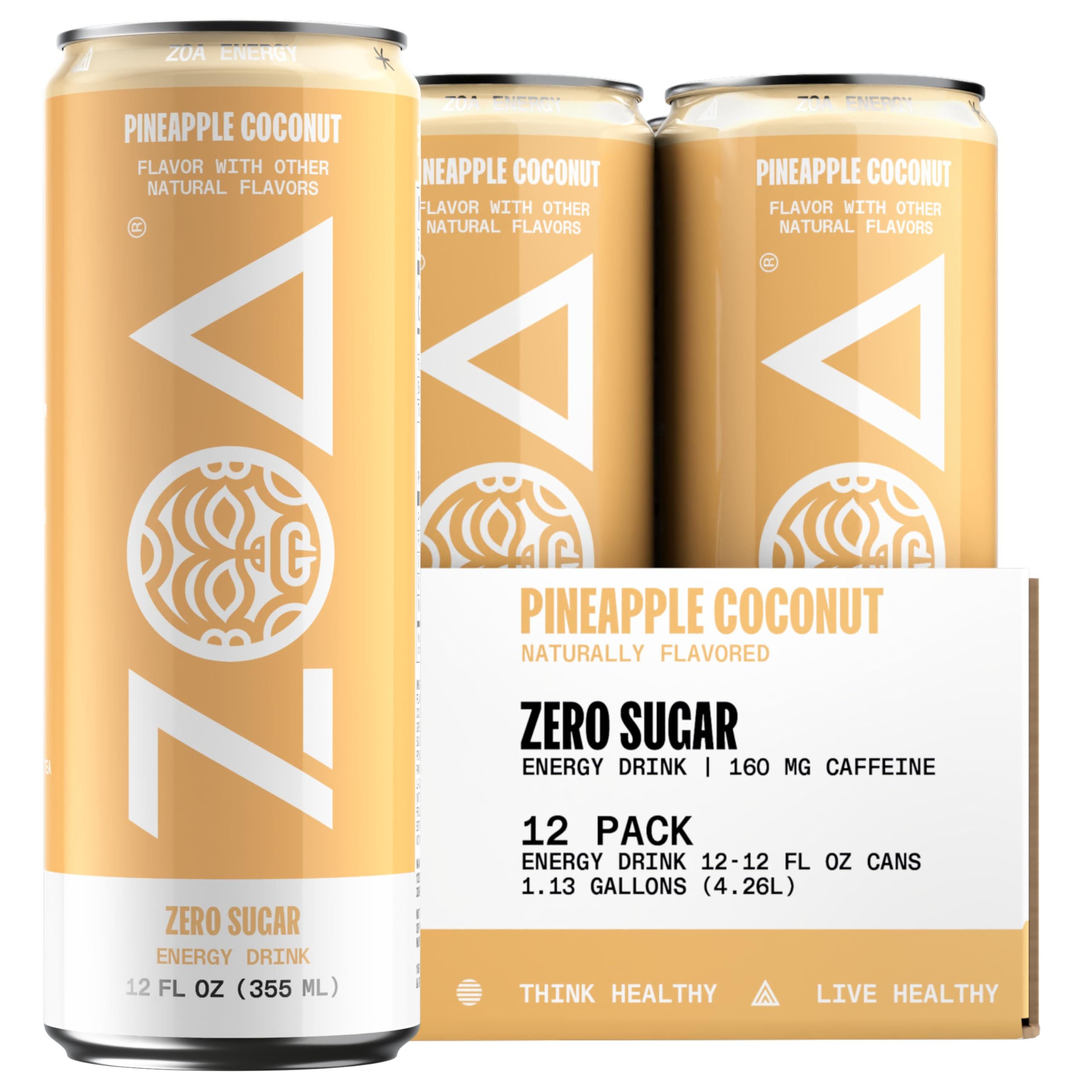 ZOA Zero Sugar Energy Drinks - Pineapple Coconut | Healthy Energy Formula with Natural Caffeine, Daily Vitamin C, Essential B-Vitamins | Gluten-Free, Keto Friendly | 12 Ounce Cans (Pack Of 12)