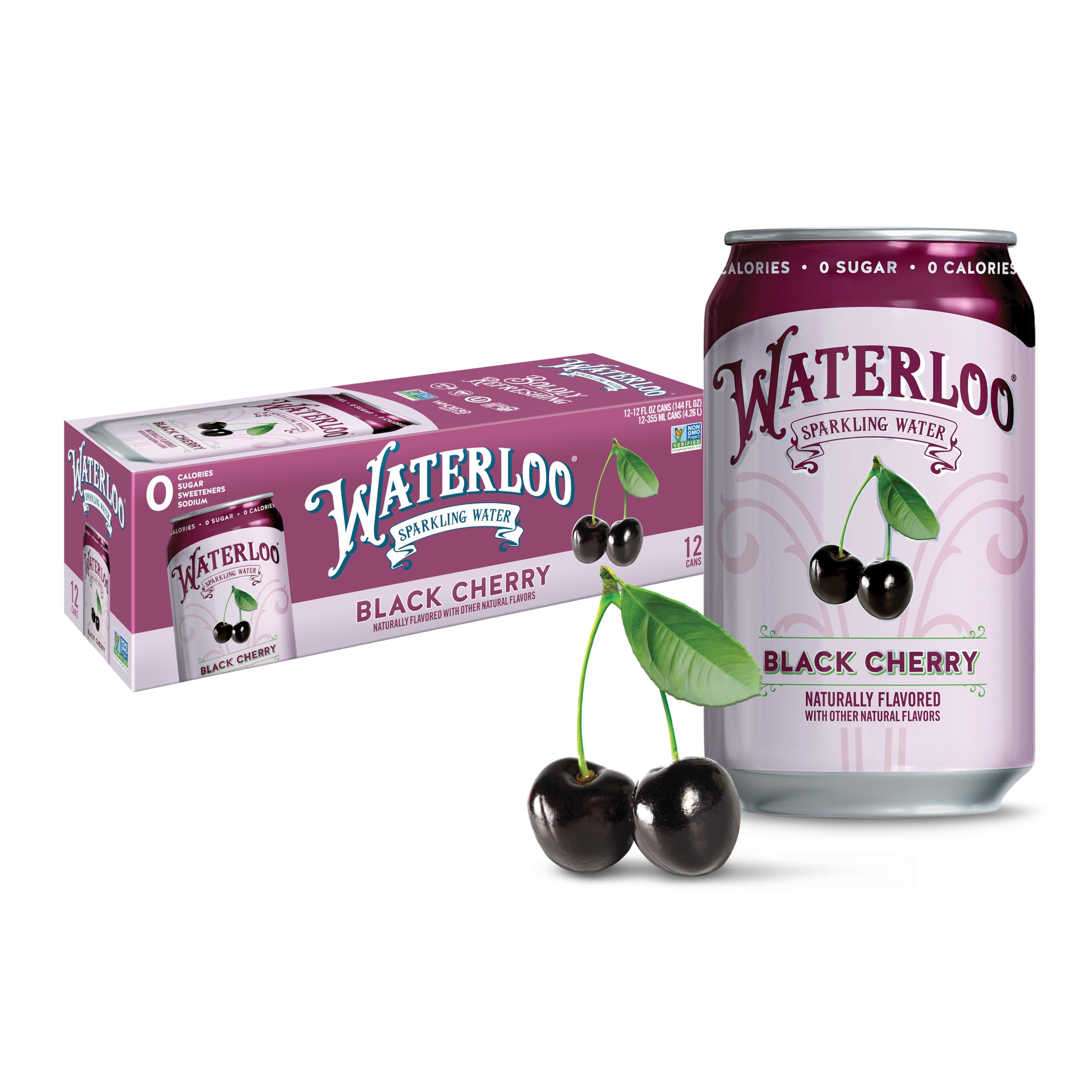 Waterloo Sparkling Water, Black Cherry Naturally Flavored, 12 Fl Oz Cans (Pack of 12) Ã¢Â€Â“ Zero Calories and Zero Sugar or Sweeteners