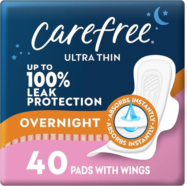 Carefree Ultra Thin Pads with Wings Overnight Up to 100% Period & Leak Protection 8 Hour Odor Control 40 count