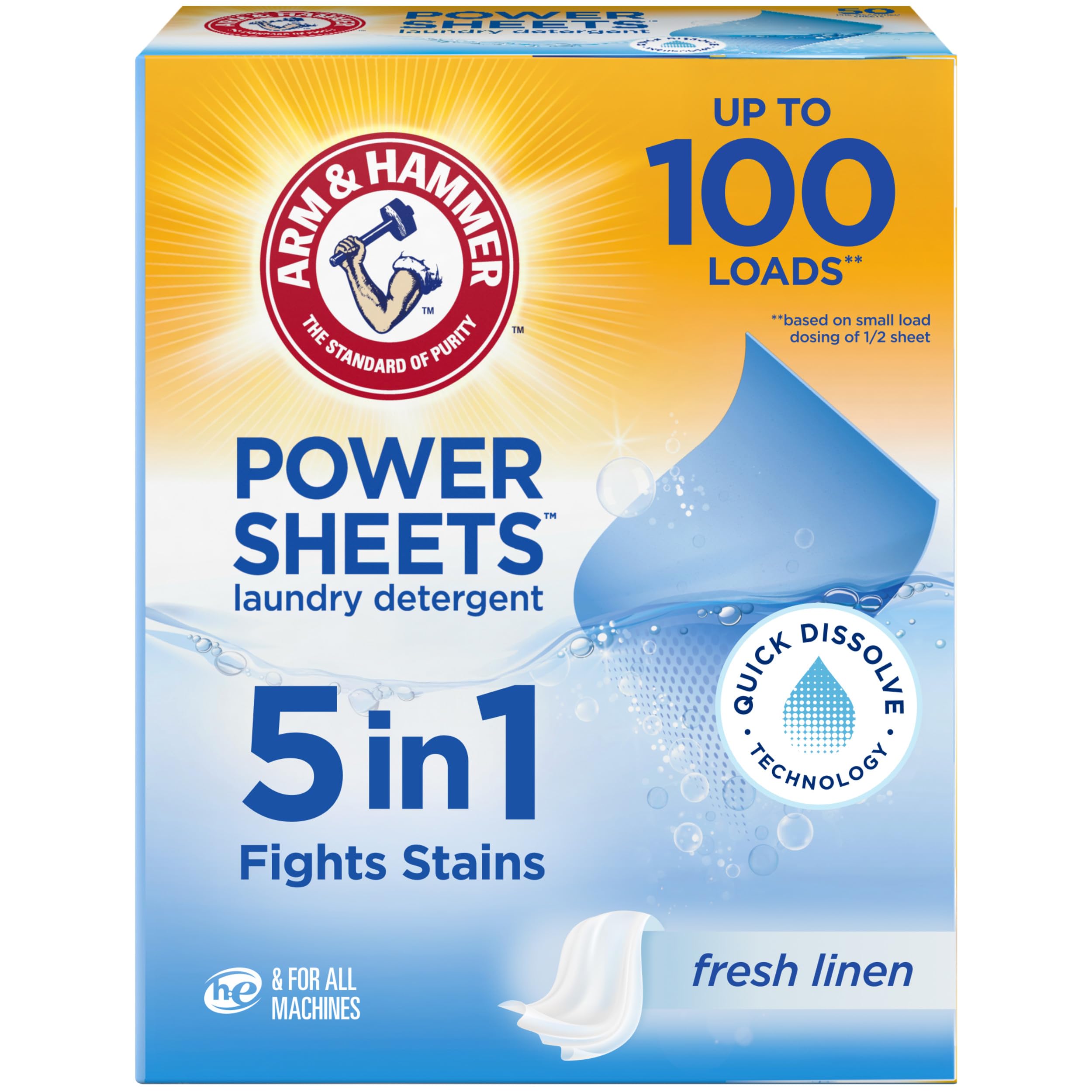 Arm & Hammer Power Sheets Laundry Detergent, Fresh Linen 50ct, up to 100 Small Loads (Packaging may vary)
