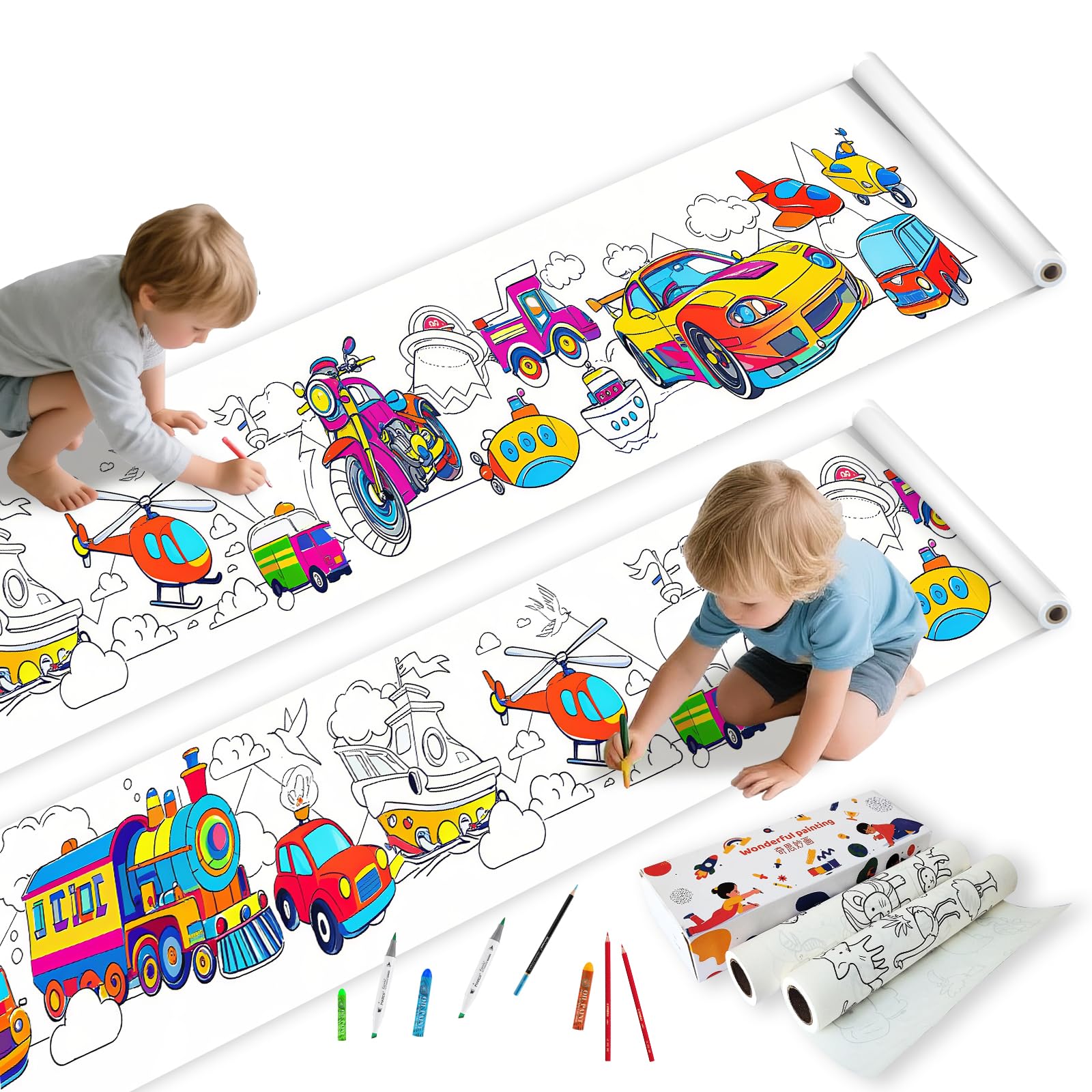2-Pc Children's Drawing Coloring Paper Roll Vehicle