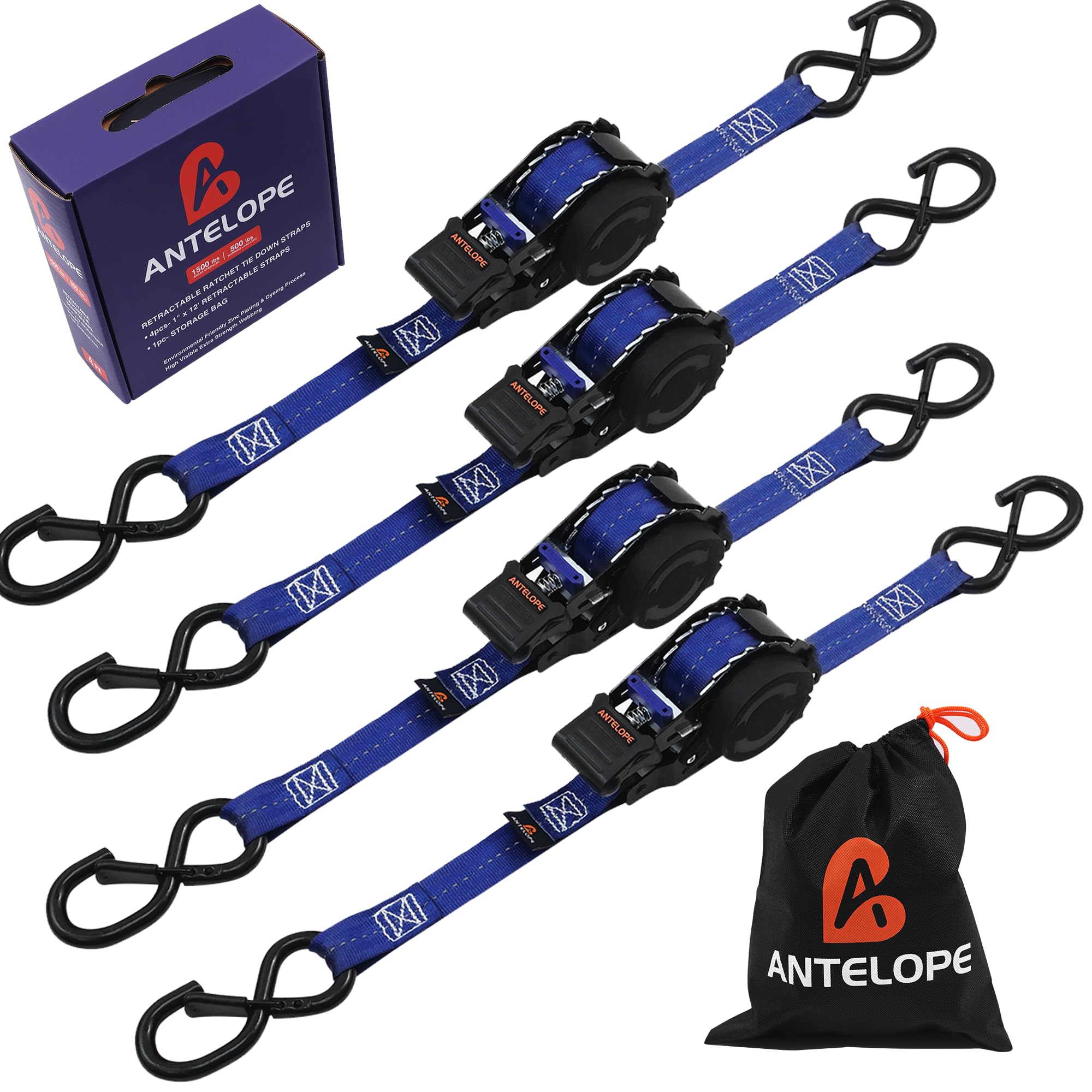 ANTELOPE Auto Retractable Ratchet Straps 1x12ft 4-Pack