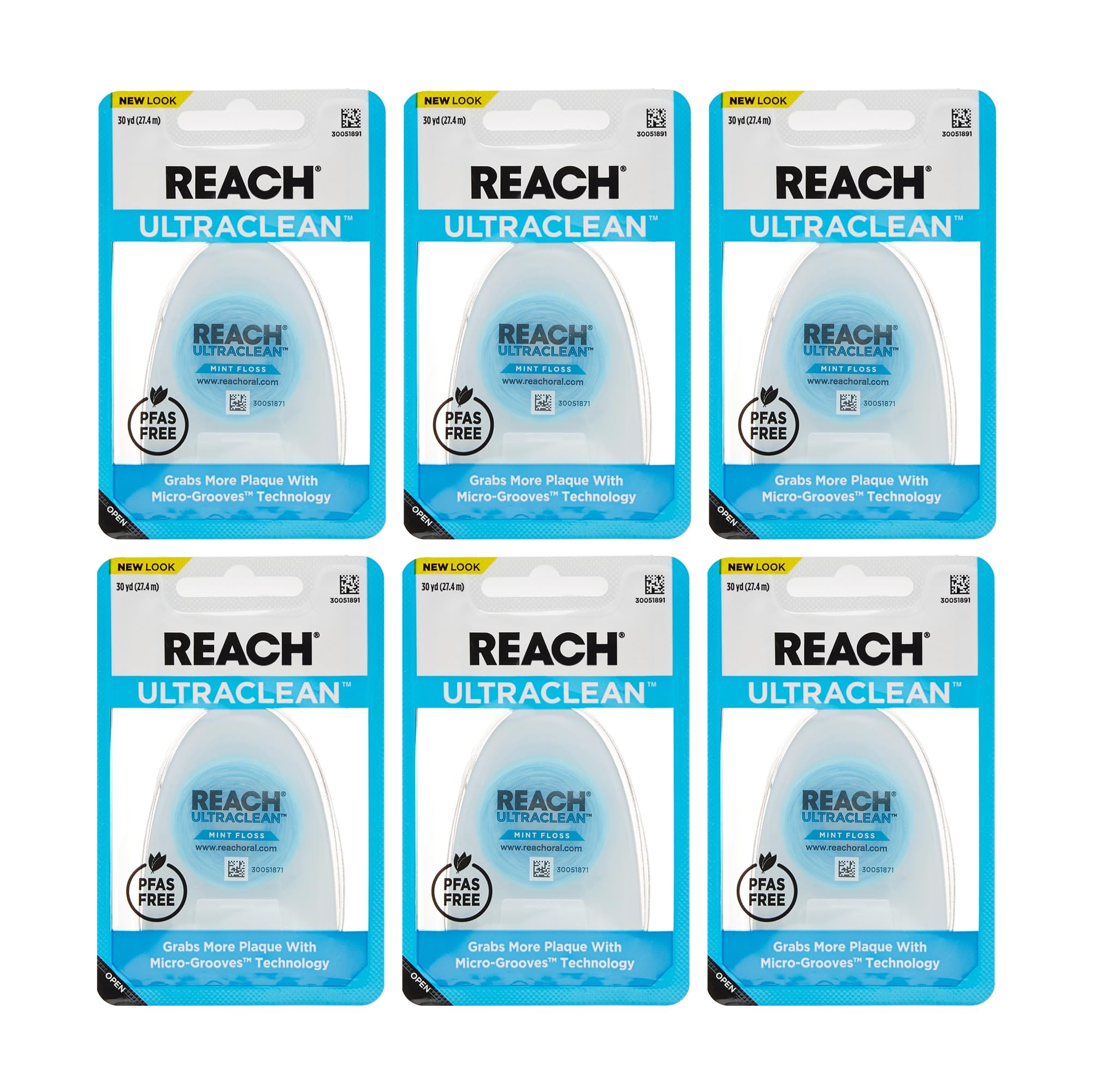 REACH Ultraclean Dental Floss, Mint, Plaque Remover for Teeth, Shred Resistant, Waxed, Easy on Gums & Teeth, Mint, Oral Care, PFAS Free, for Adults & Kids, 6 Pack, 30 yd