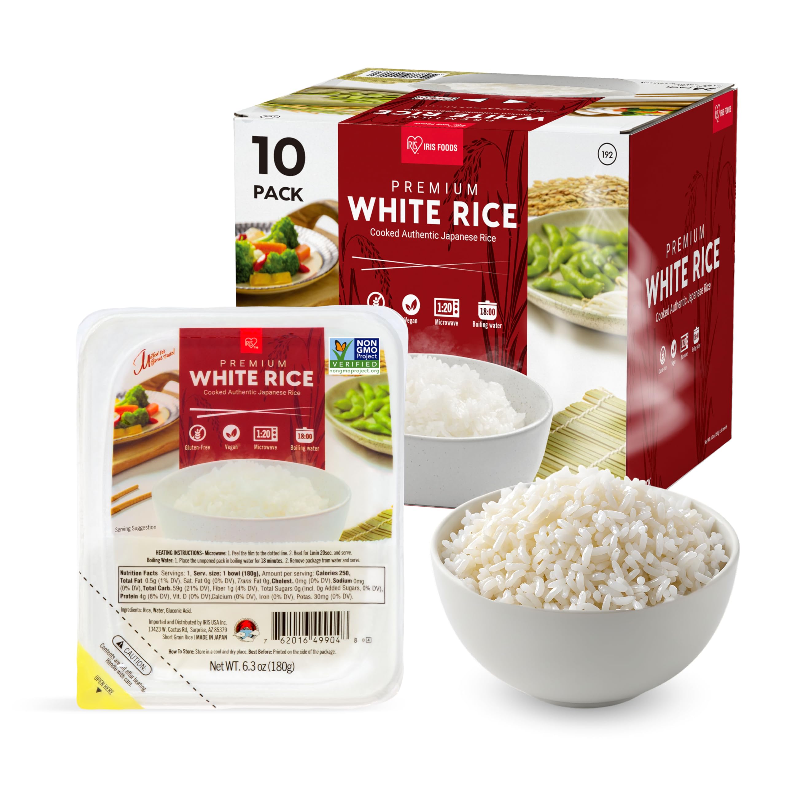 IRIS Instant White Rice (10 Pack), Ultra Premium Japanese Short Grain Sushi Sticky Rice, Microwave for 80 seconds, Non-GMO Gluten Free Vegan, Grown Polished and Packed in Japan