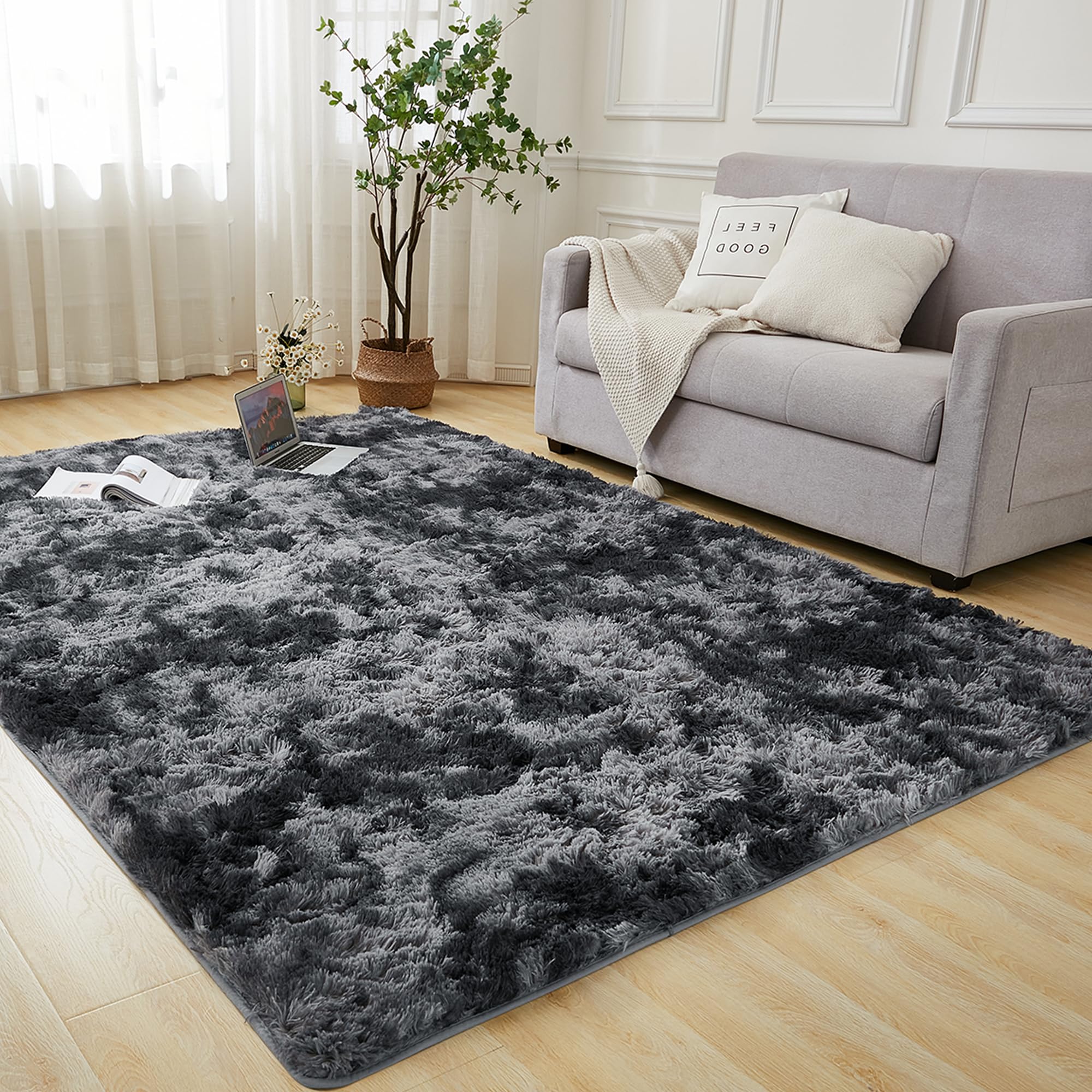 Andency Fluffy Shag Area Rug Tie-Dyed Dark Grey 5x8