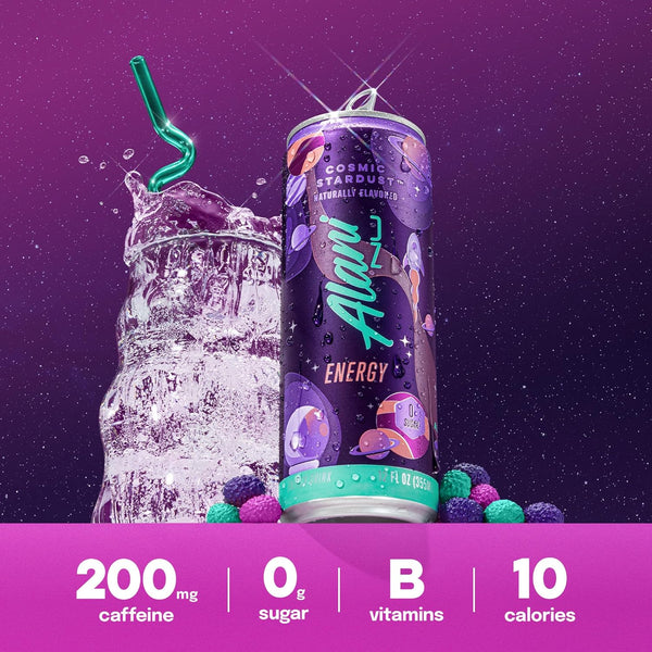 Alani Nu COSMIC STARDUST, Sugar Free, Low Calorie Energy Drinks, 200mg Caffeine, Biotin, B Vitamins, Zero Sugar, 10 Calories, 12 Fl Oz