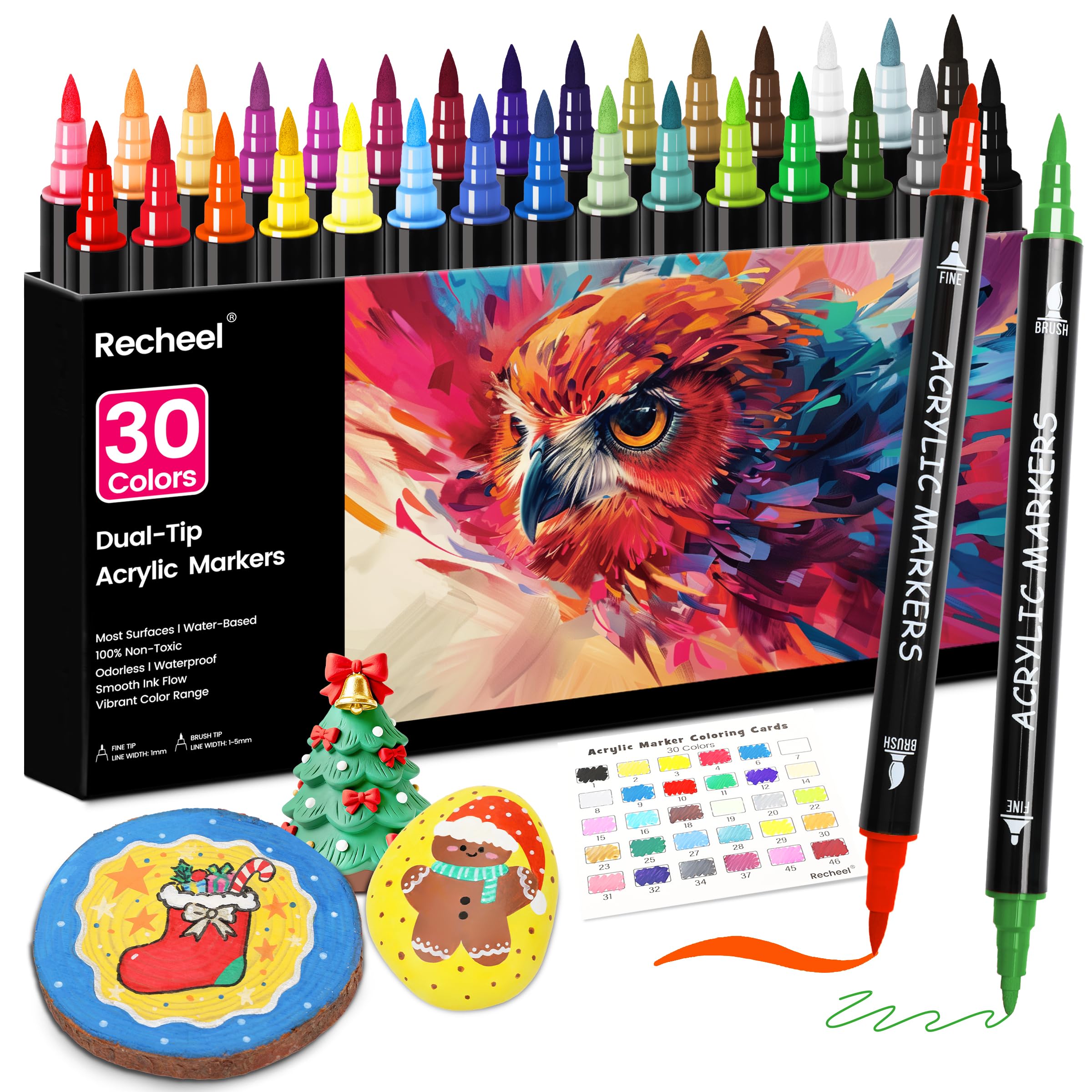 Recheel 30-Color Dual Tip Acrylic Paint Markers