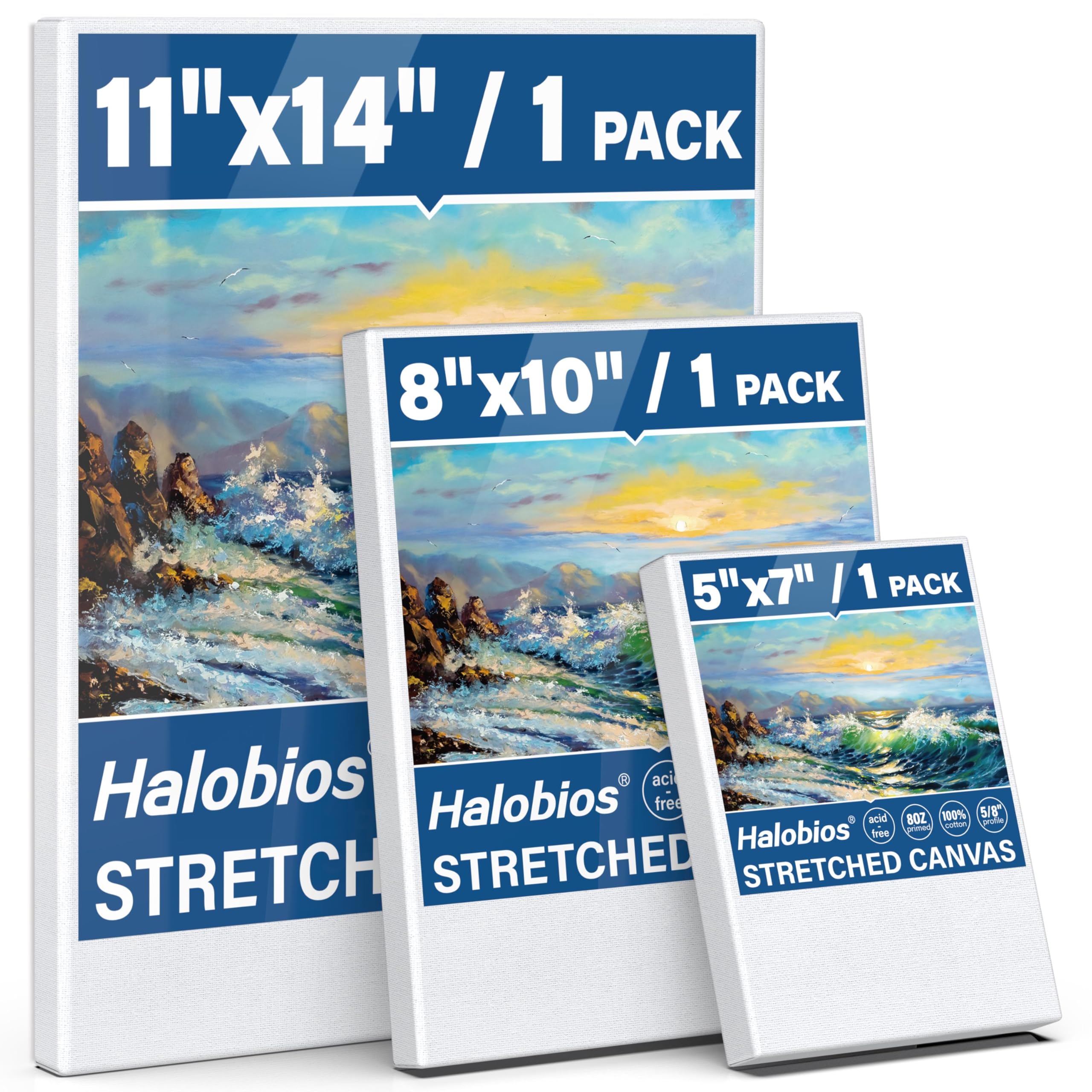 Halobios Stretched Canvases for Painting with 11x14 Inch, 5x7 Inch, 8x10, Painting Canvas for Acrylics,Oils & Other Painting Media, 5/8 Inch Profile 100% Cotton Artist Framed Canvas(3 Packs)