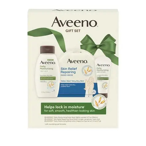Aveeno Gift Set with Daily Moisturizing Body Wash, Body Lotion and Skill Relief Repairing Hand Mask