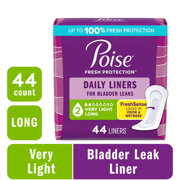 Poise Daily Incontinence Liners, 2 Drops Very Light Absorption, Long, 44 Count