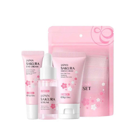 LAIKOU Japan Sakura Skincare Set 3 Piece Set with Japan Sakura Cleanser, Serum and Essence Cream